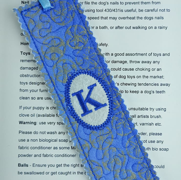 Personalised bookmark Letter K embroidered on a... - Folksy