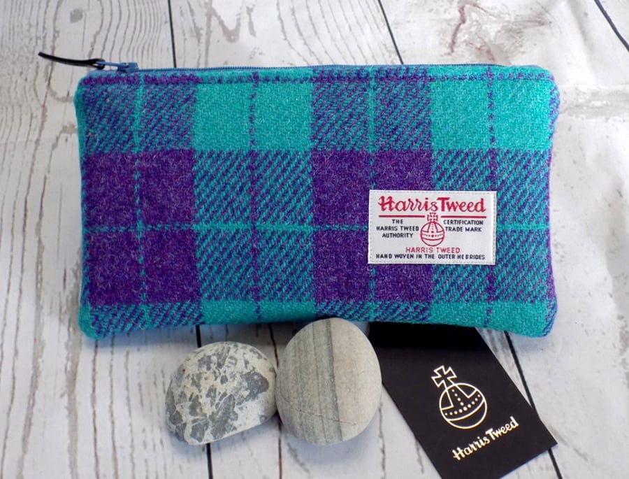 Harris Tweed clutch purse, pencil case in purple and aqua check