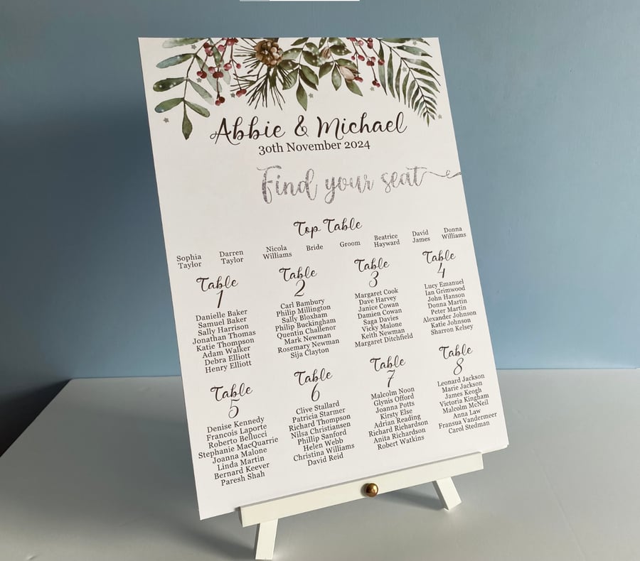 Christmas greenery WEDDING table seating PLAN board foliage festive decor