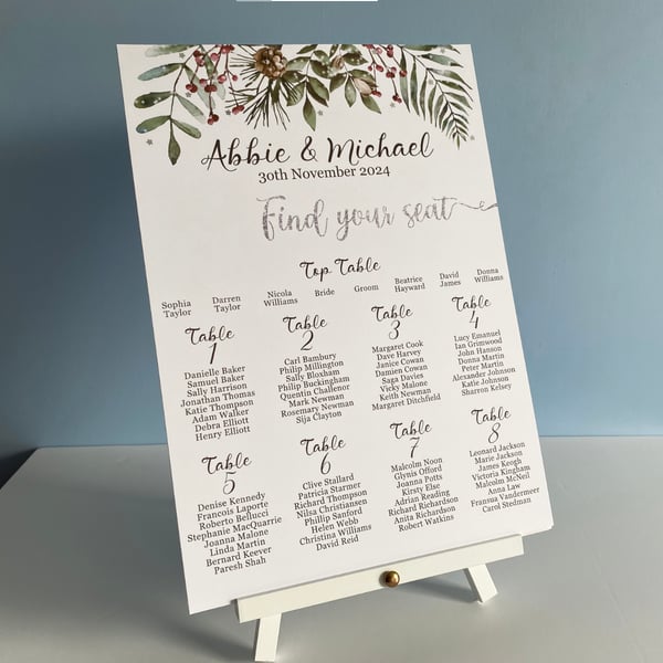 Christmas greenery WEDDING table seating PLAN board foliage festive decor