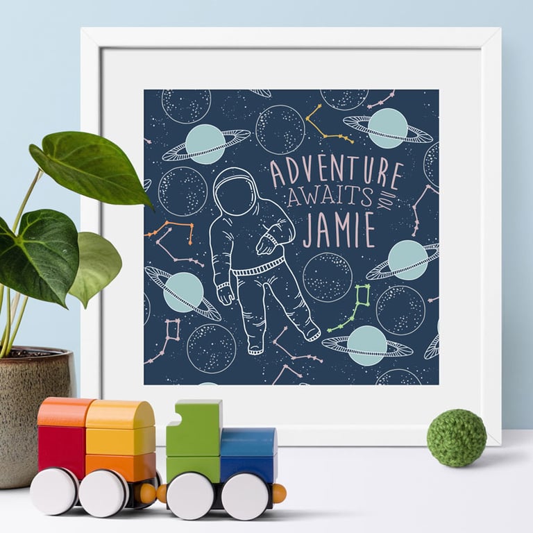 Space Adventure Personalised Astronaut Print, picture for child's bedroom