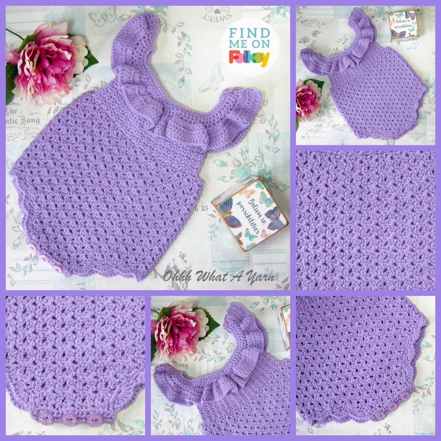 Lilac ruffle crochet baby romper. Ruffled romper.  Age 0-6 months