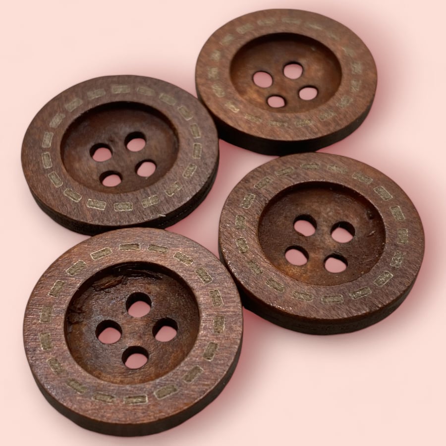 20mm Dark Brown Wooden Buttons With Stitch Edge 4 Hole Pack Of 10
