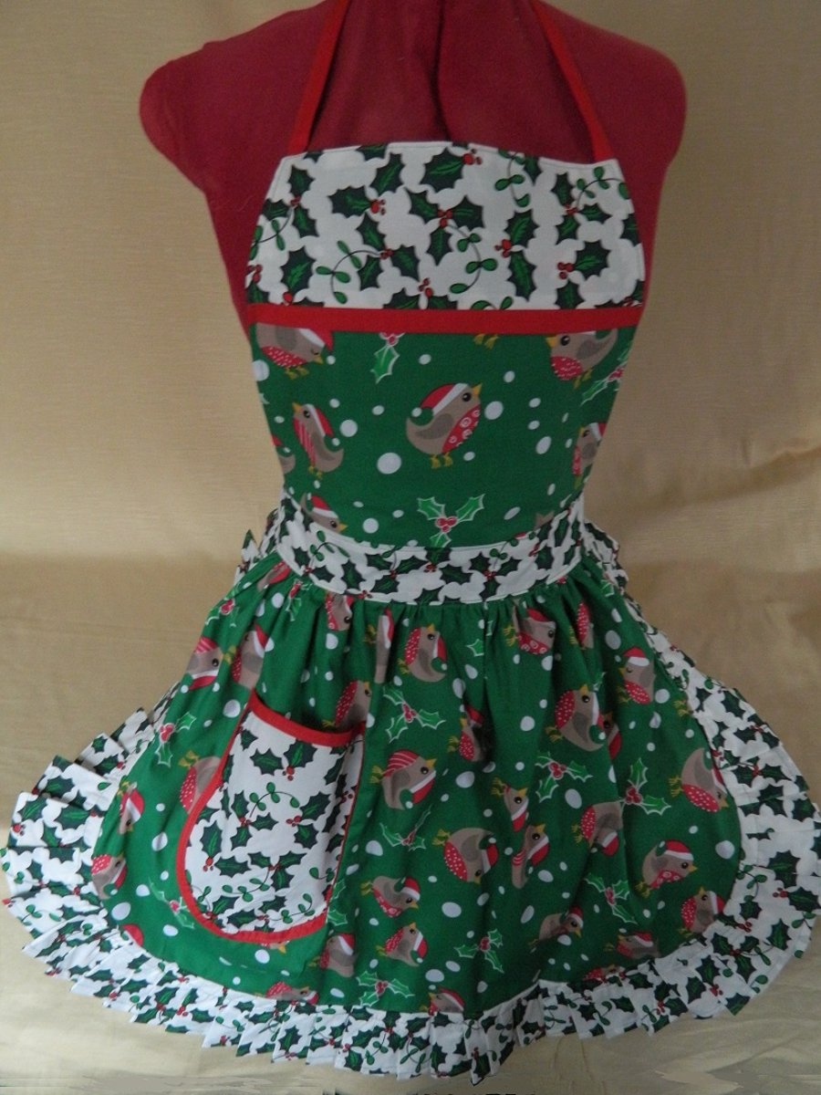 Vintage 50s Style Full Apron - Green & White (Robins & Holly) - Christmas Theme