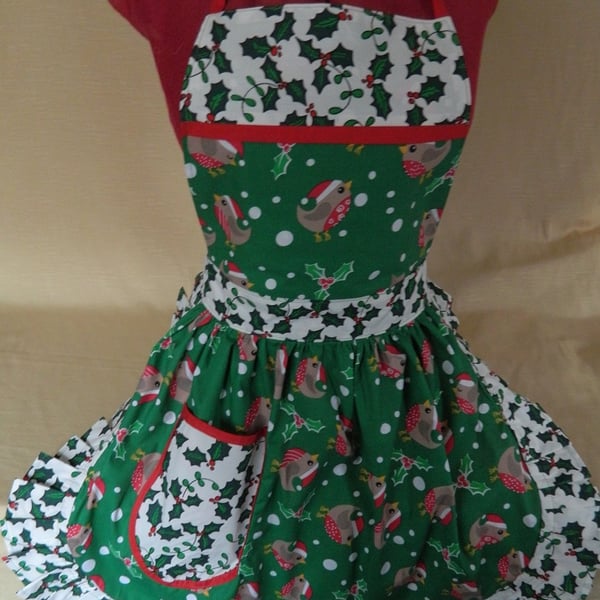 Vintage 50s Style Full Apron - Green & White (Robins & Holly) - Christmas Theme