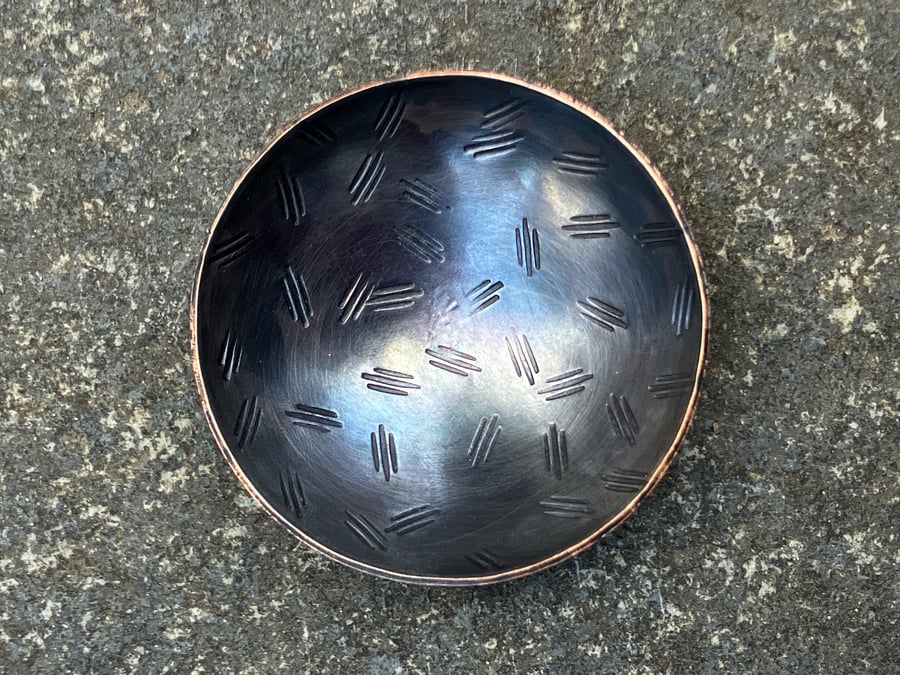 Oxidised copper bowl with stamped line pattern, 7th wedding anniversary gift