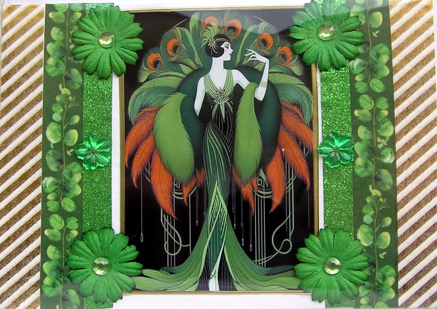 Art Deco Style Lady - Hand Crafted Decoupage Greeting Card - Blank 3259