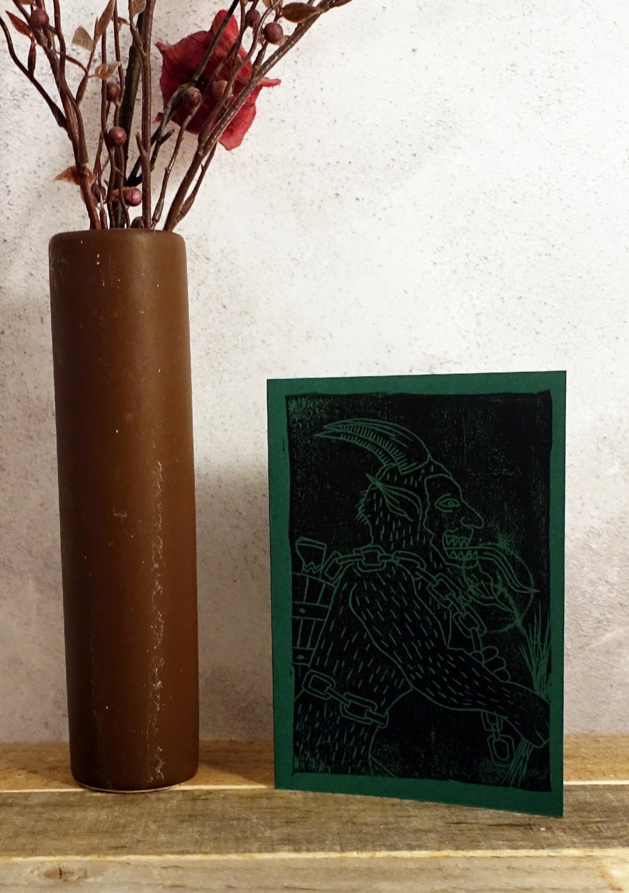 Krampus Alternative Christmas Card, Lino Print, German Mythology A6 Print