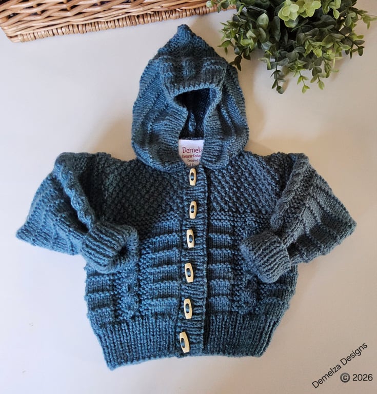 Baby Hand Knitted  Boys Hooded Jacket 3-9 months size 