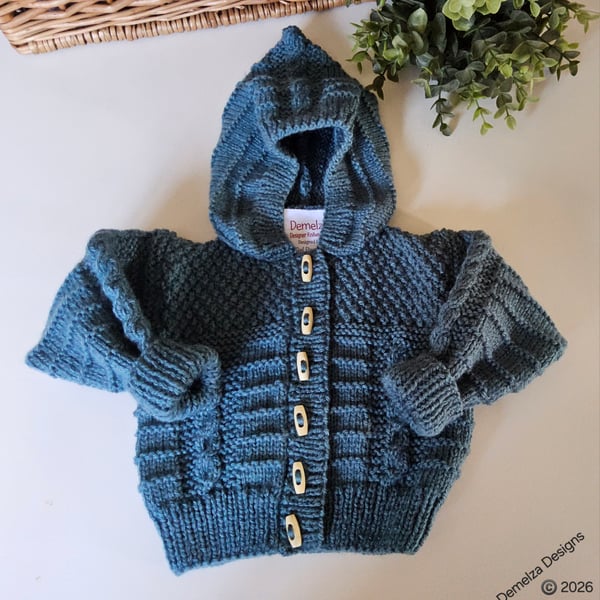 Baby Hand Knitted  Boys Hooded Jacket 0- 6 months size 
