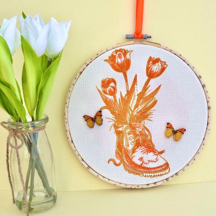 Embroidered Hoop Decoration: Embroidered Old Boot design 8” (20cm)