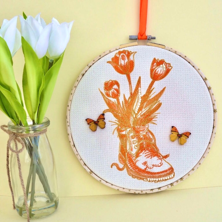 Old Boot: Embroidered Hoop, Hooped Embroidery Wall Hanging