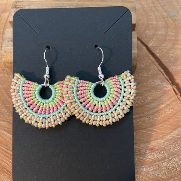 Boho micro macrame beaded fan earrings 