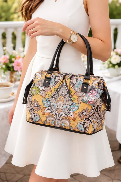  Wire frame zip top handbag gold jaquard chenille top handle handle handbag