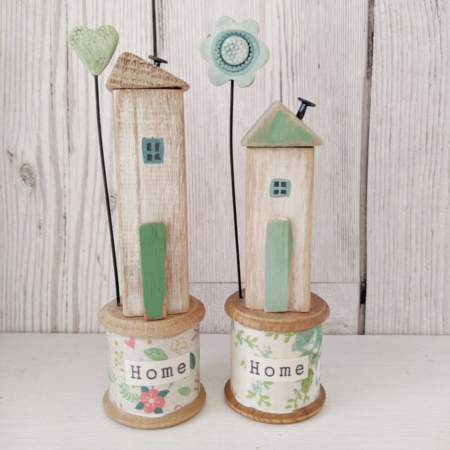 Wooden House on a Vintage Floral Bobbin 'Home'