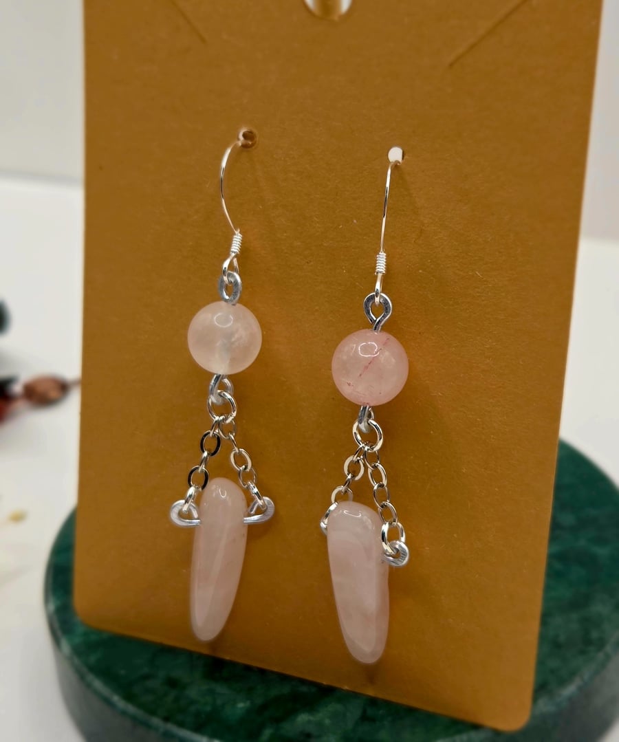 Polished Rose Quartz Crystal Dangle Earrings, Sterling Silver Hooks