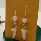 Polished Rose Quartz Crystal Dangle Earrings, Sterling Silver Hooks