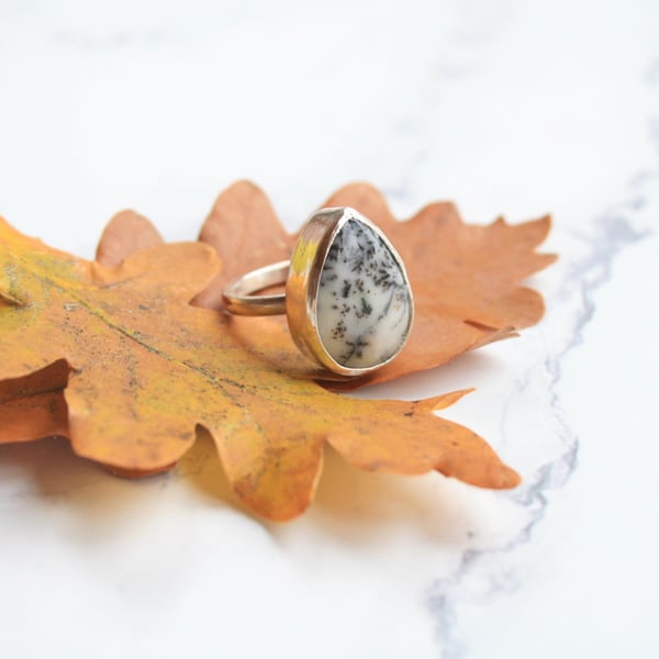 Sterling silver dendrite statement ring, unique gemstone ring