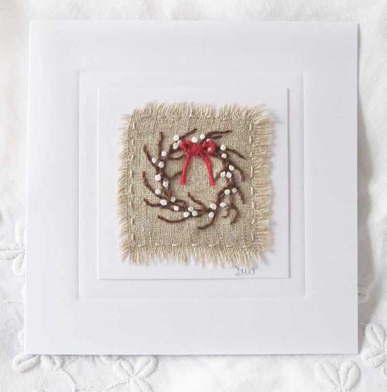 HAND EMBROIDERED CHRISTMAS CARD WINTER WREATH