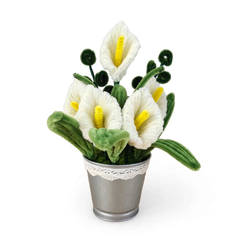 Handmade White Calla Lily Pot - Everlasting Chenille Stem Bouquet