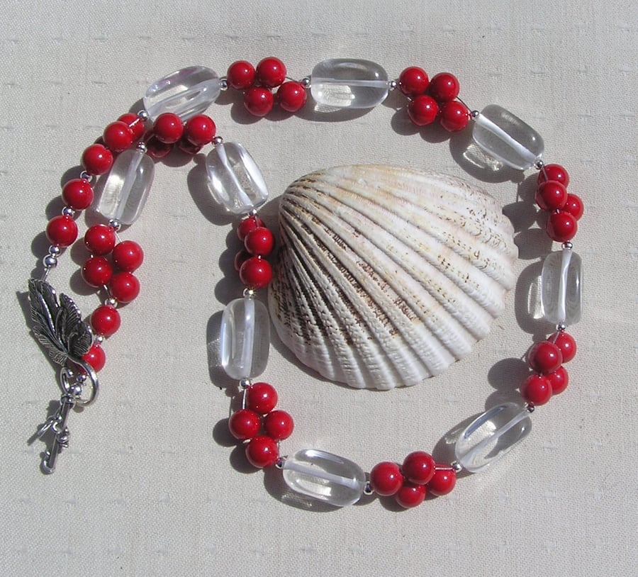 Clear Quartz & Red Coral Chunky Statement Necklace "Crimson Glory"