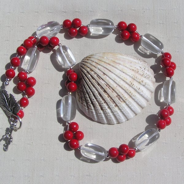 Clear Quartz & Red Coral Chunky Statement Necklace "Crimson Glory"