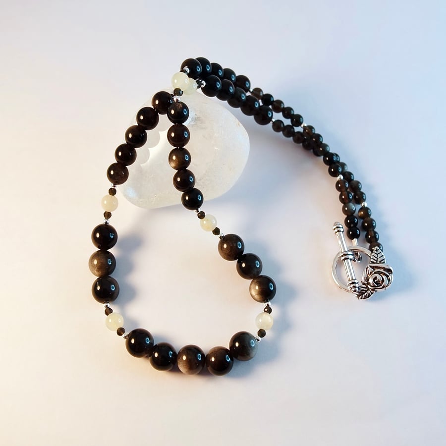 Obsidian & Moonstone Necklace, Handmade Birthday Gift, Anniversary, Gift For Her