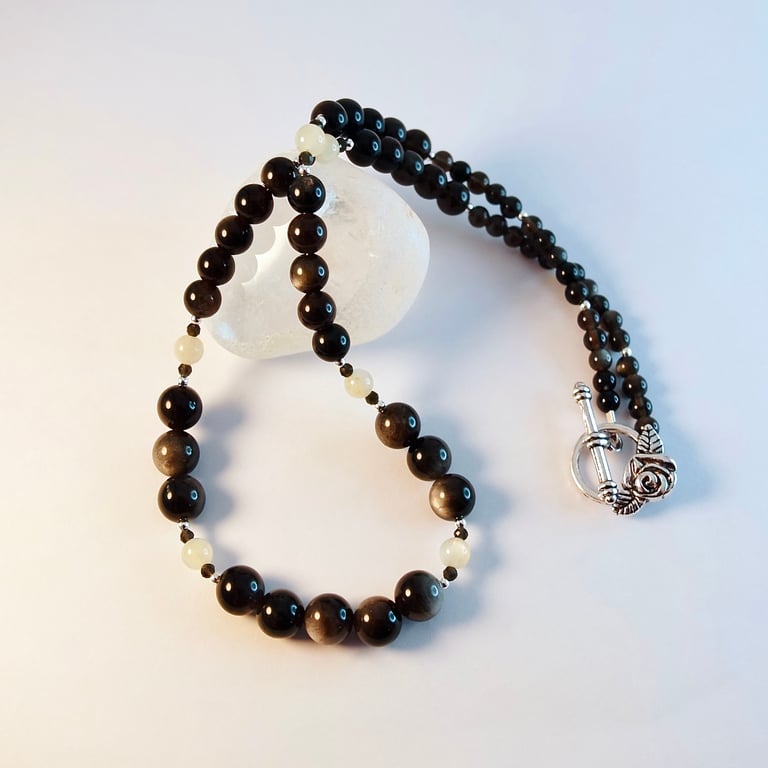 Obsidian & Moonstone Necklace, Handmade Birthday Gift, Anniversary, Gift For Her
