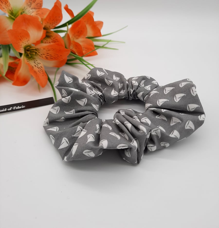 Scrunchie made using a light grey sail boat fabric.  3 for 2 offer.