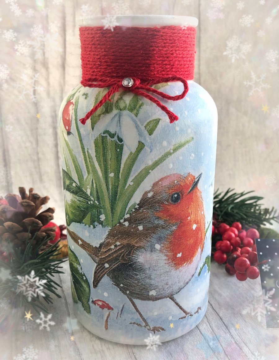 Robin and snowdrop decoupaged glass Christmas vase