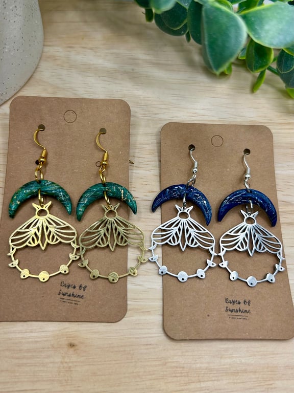 Celestial Moon and Moth Earrings, Green or Blue, Polymer Clay Earrings