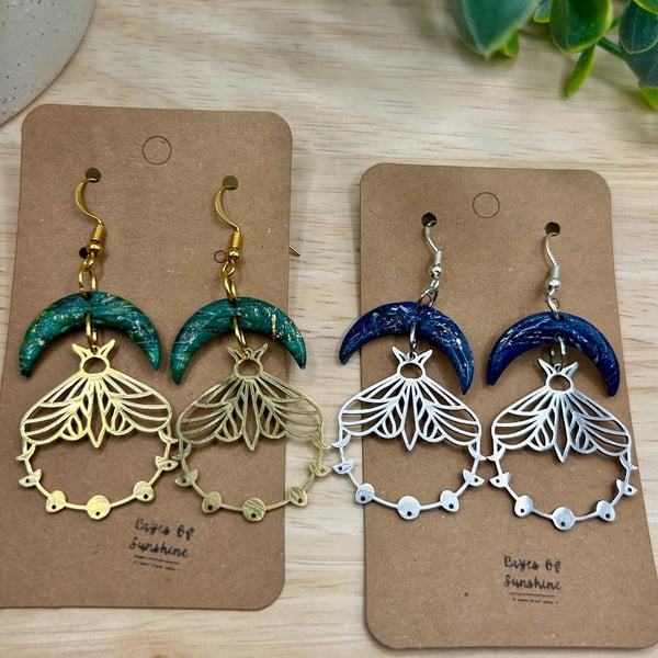 Celestial Moon and Moth Earrings, Green or Blue, Polymer Clay Earrings
