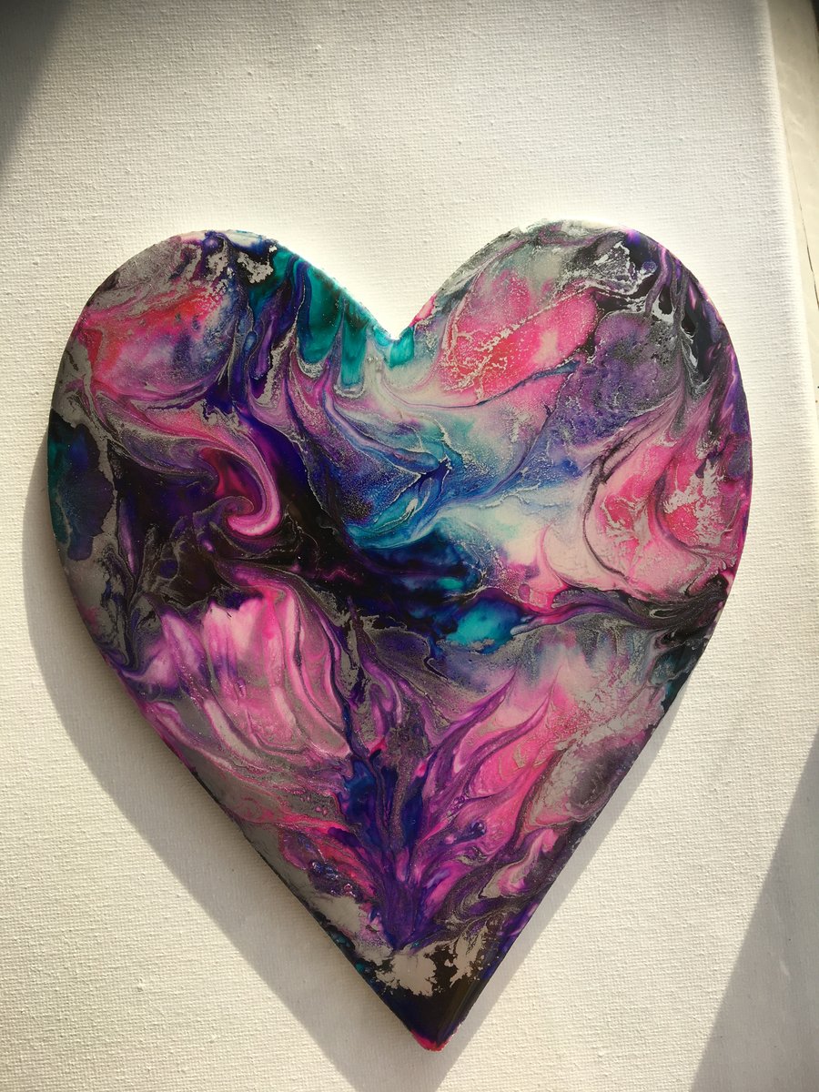 Heart shaped, abstract resin painting, vivid , multicoloured 