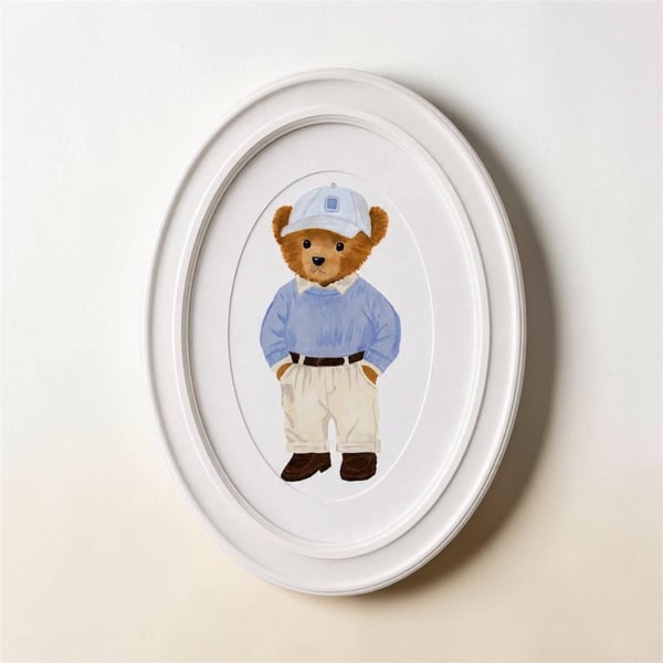 Original Teddy Bear Acrylic Painting in Vintage Oval Frame, Nursery Wall Art 