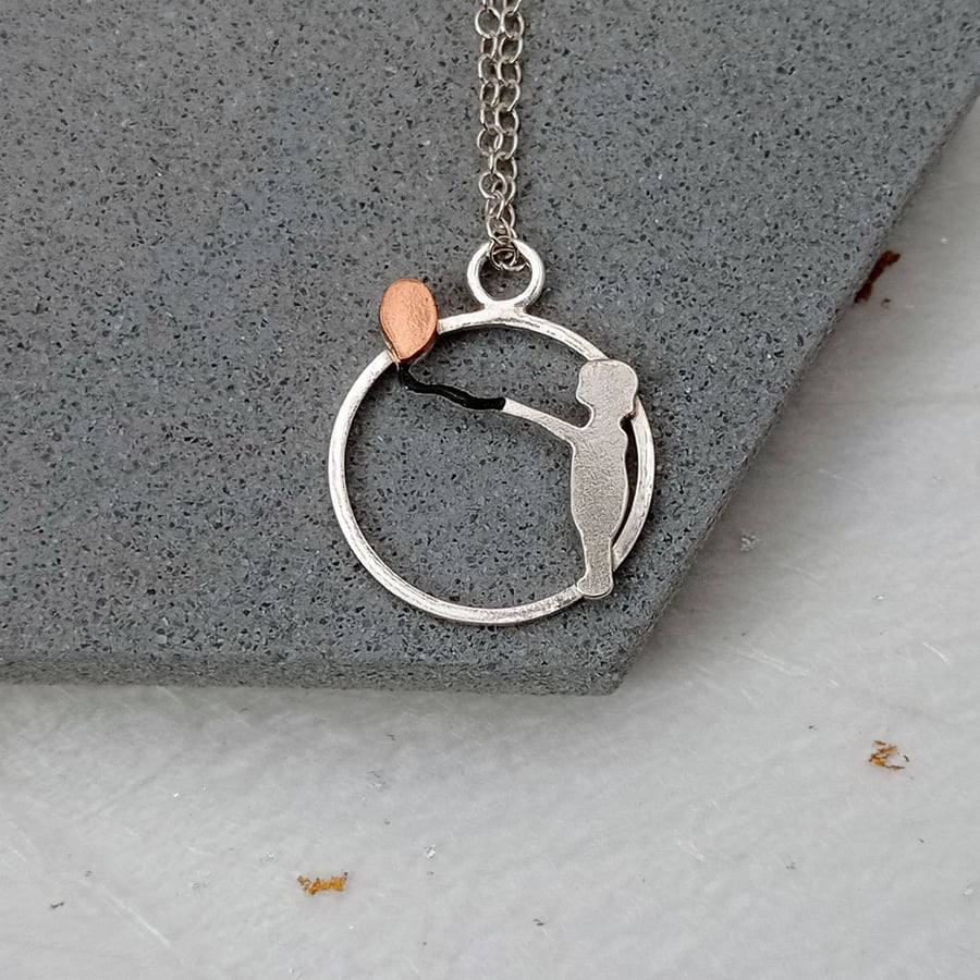 Sterling silver child and copper balloon necklace – figurative pendant charm