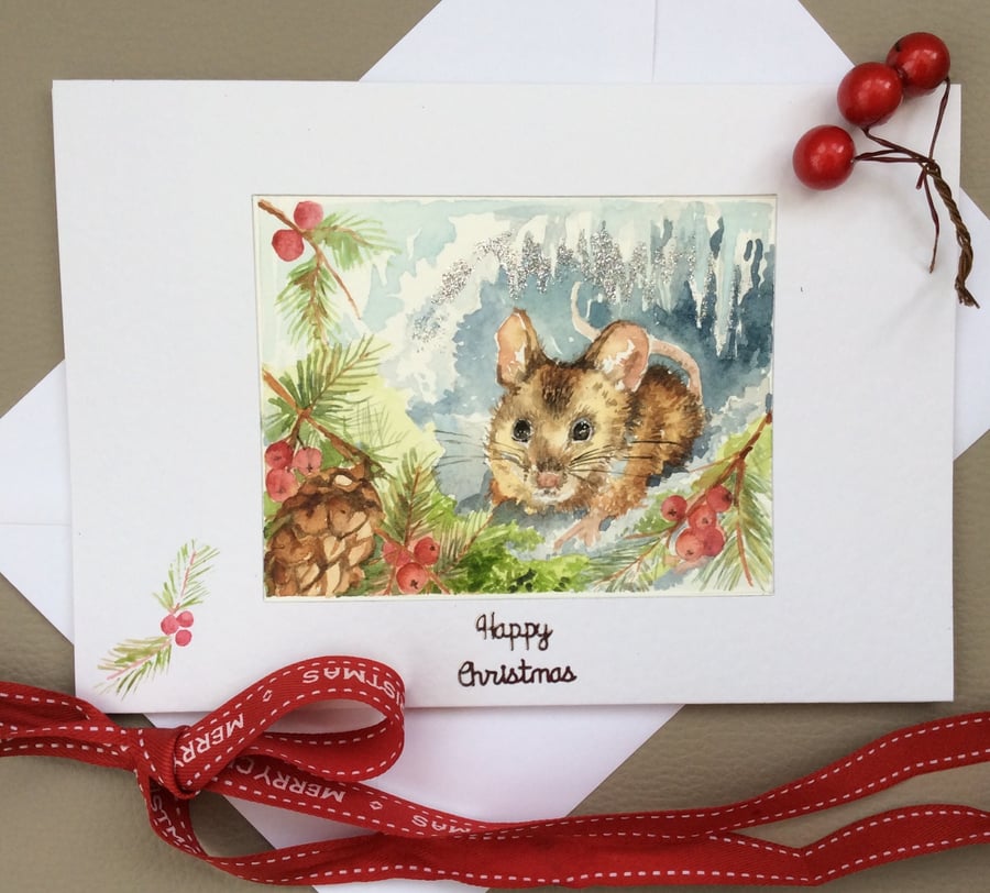 Original watercolour painted Christmas card of mouse in snow.