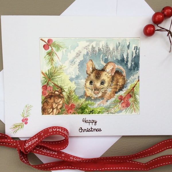 Original watercolour painted Christmas card of mouse in snow.