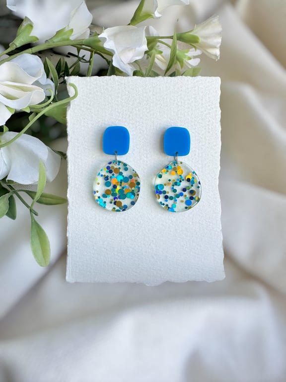 Blue Glitter Acrylic Hoop Earrings - Confetti Circle Statement Dangles