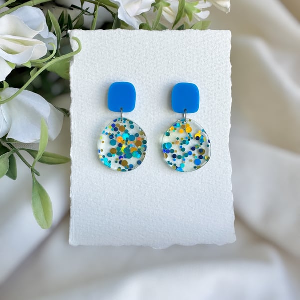 Blue Glitter Acrylic Hoop Earrings - Confetti Circle Statement Dangles