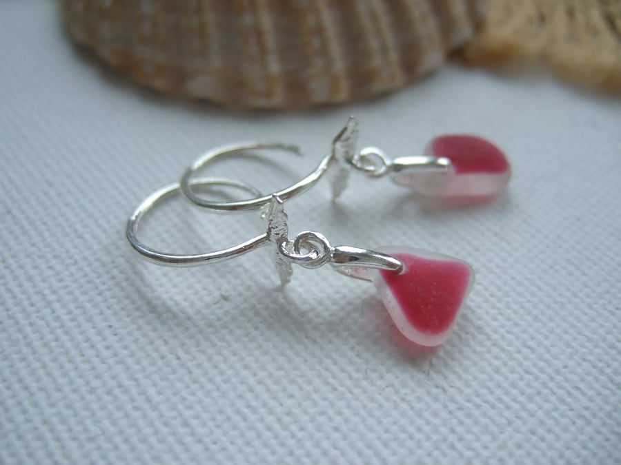 Scottish pink sea glass jewelry, sterling silver beach glass earrings angel wing