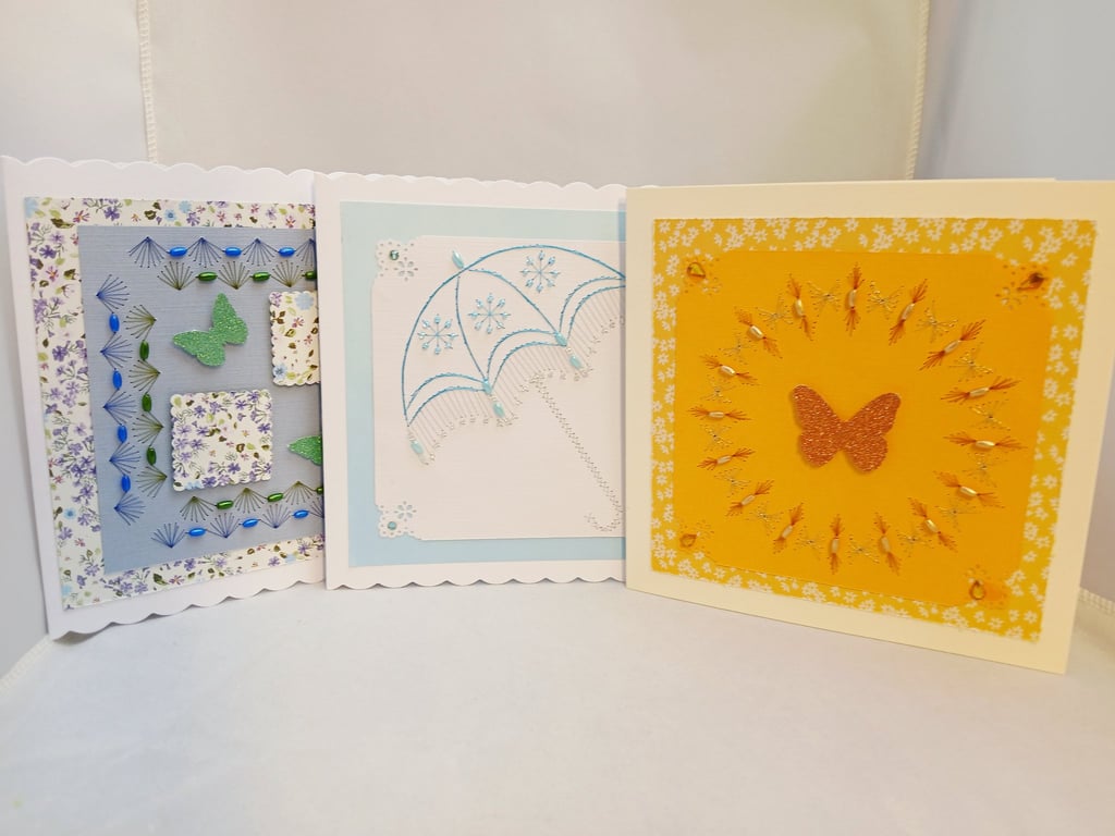Cards, Any Occasion, Set of 3, Embroidered and with Beads