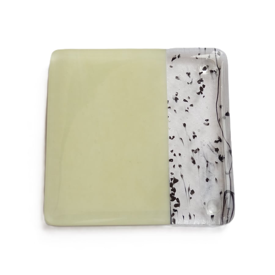 Cream & black fused glass coaster, 9cm, handcrafted, 6mm thick (0187)
