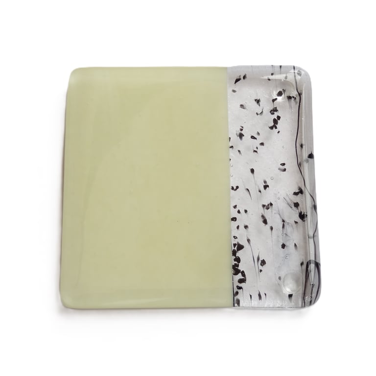 Cream & black fused glass coaster, 9cm, handcrafted, 6mm thick (0187)