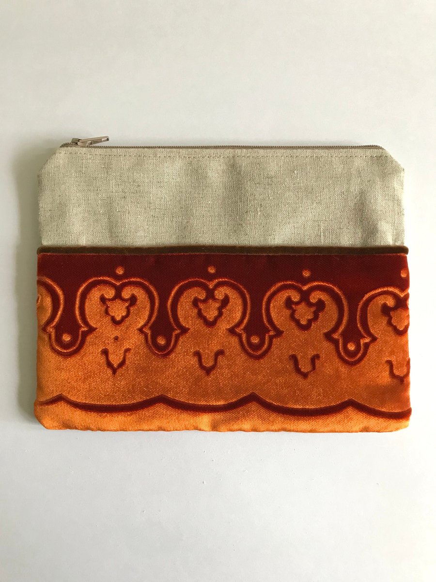 Orange pouch bag with embossed border velvet and linen design, medium size.. 