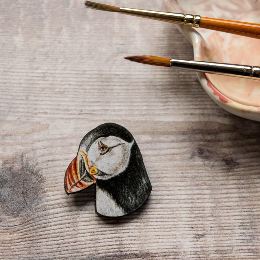 Puffin brooch made from laser cut wood
