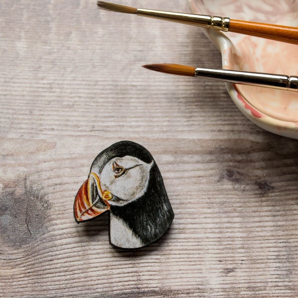 Puffin brooch made from laser cut wood