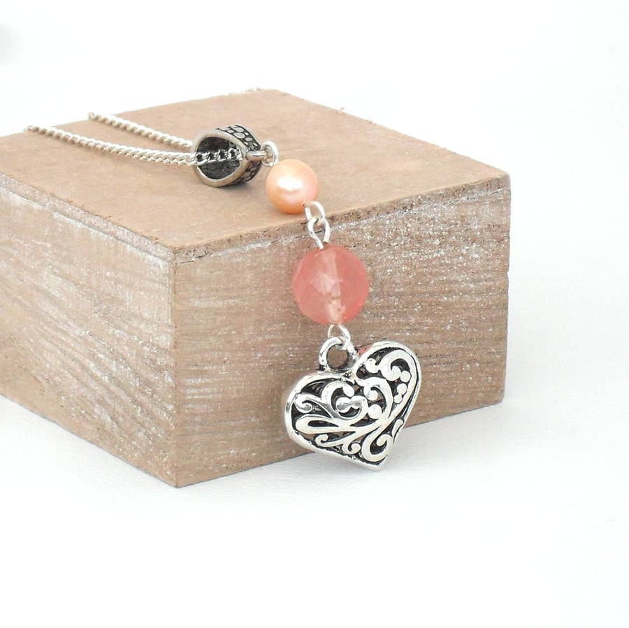Heart charm necklace, with tourmaline & peach pearl