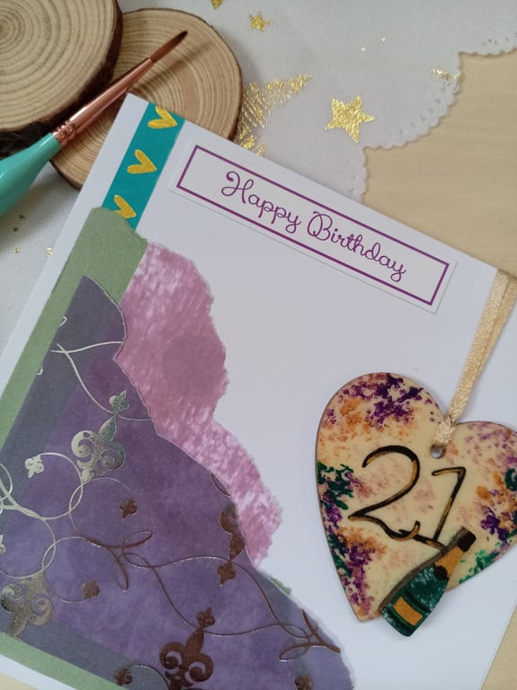 21st birthday card with wooden keepsake decoration 
