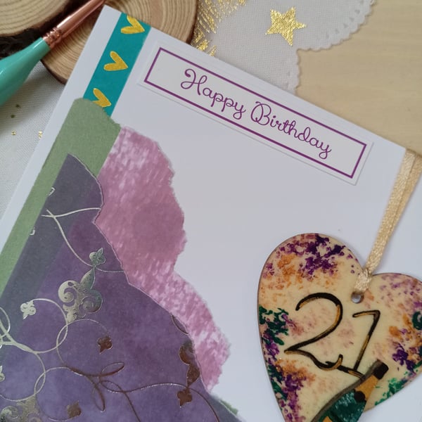 21st birthday card with wooden keepsake decoration 