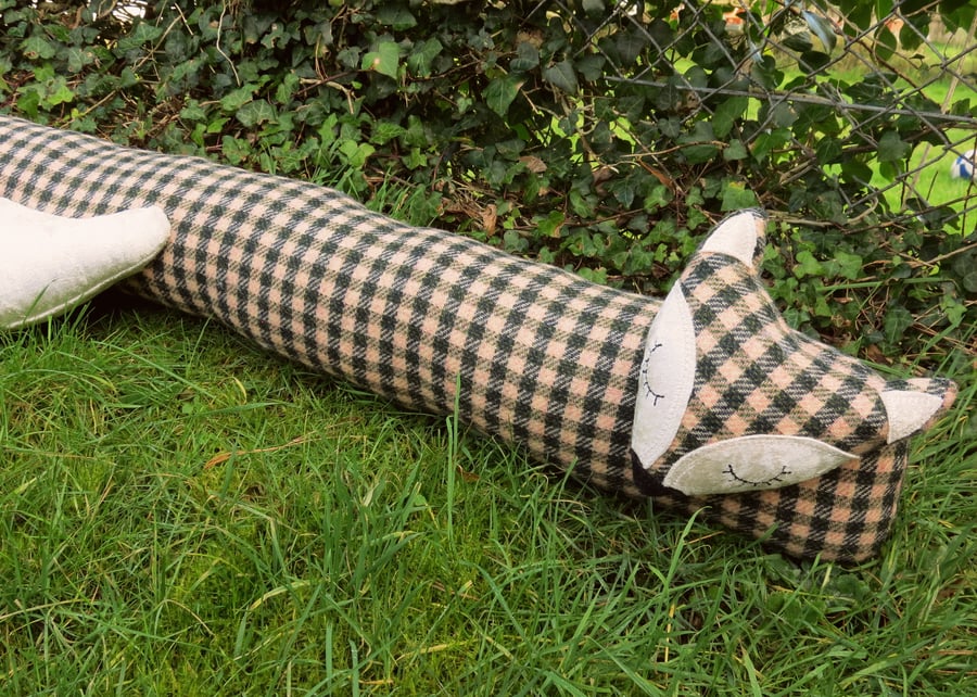 Fox draught excluder.  Check wool and velvet.  Winter decor.  100cm in length.